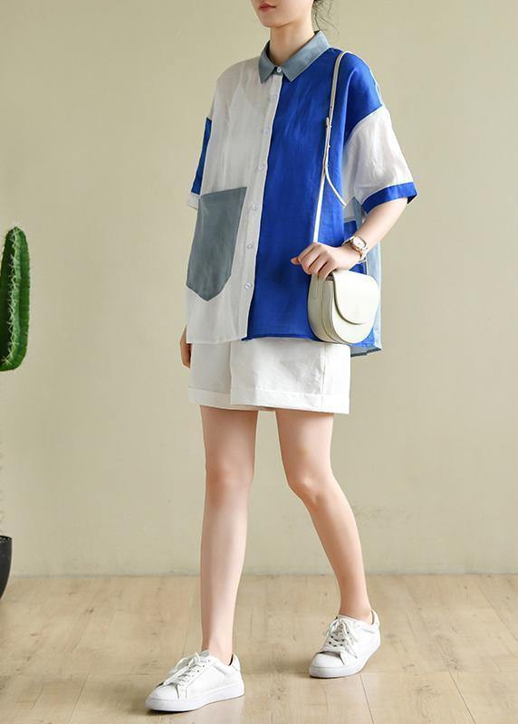 Style blue white patchwork Blouse lapel pockets tunic summer tops - SooLinen