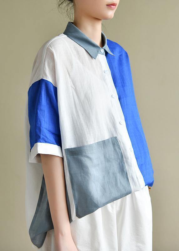 Style blue white patchwork Blouse lapel pockets tunic summer tops - SooLinen