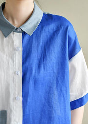 Style blue white patchwork Blouse lapel pockets tunic summer tops - SooLinen