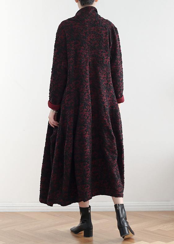 Style burgundy jacquard fine clothes pattern asymmetric coats - SooLinen