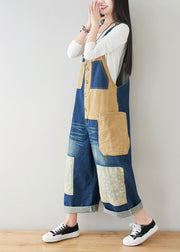 Style dark Blue Pockets Patchwork Cotton denim Jumpsuits Spring