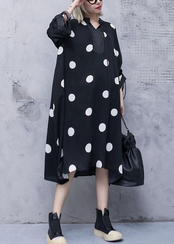 Style drawstring chiffon spring Robes Fine Sewing black dotted Traveling Dresses - SooLinen