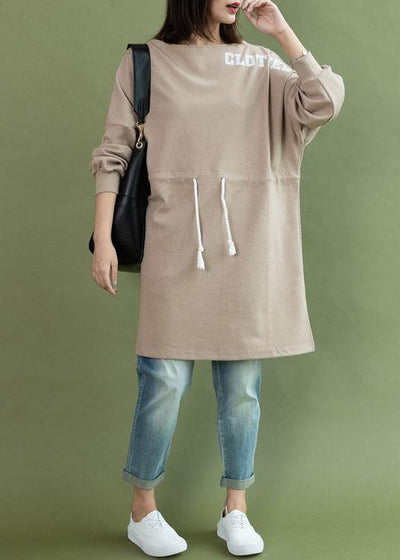 Style drawstring side open Cotton quilting dress khaki Dress fall - SooLinen