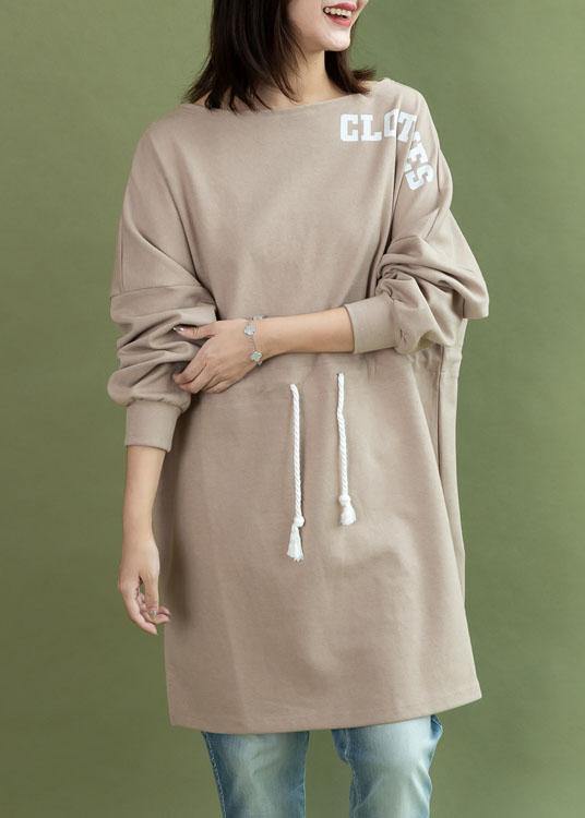 Style drawstring side open Cotton quilting dress khaki Dress fall - SooLinen