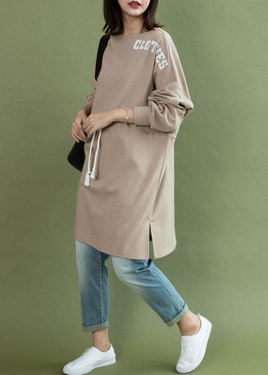 Style drawstring side open Cotton quilting dress khaki Dress fall - SooLinen