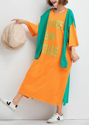 Style false two pieces cotton dresses Runway summer Maxi Dress orange patchwork - SooLinen