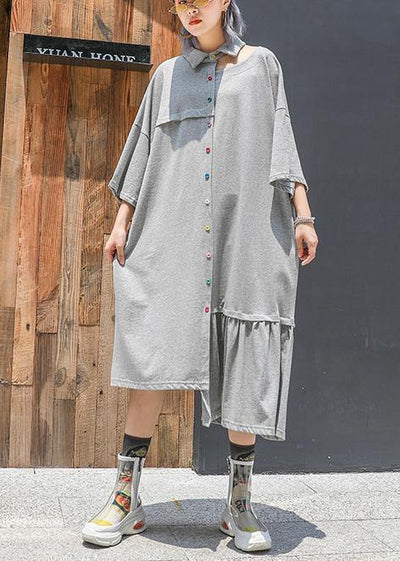 Style gray cotton clothes lapel Cinched long asymmetric summer Dresses - SooLinen