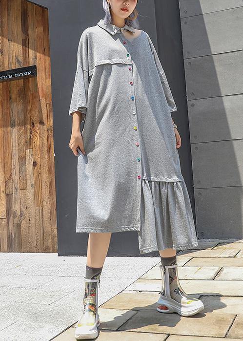 Style gray cotton clothes lapel Cinched long asymmetric summer Dresses - SooLinen