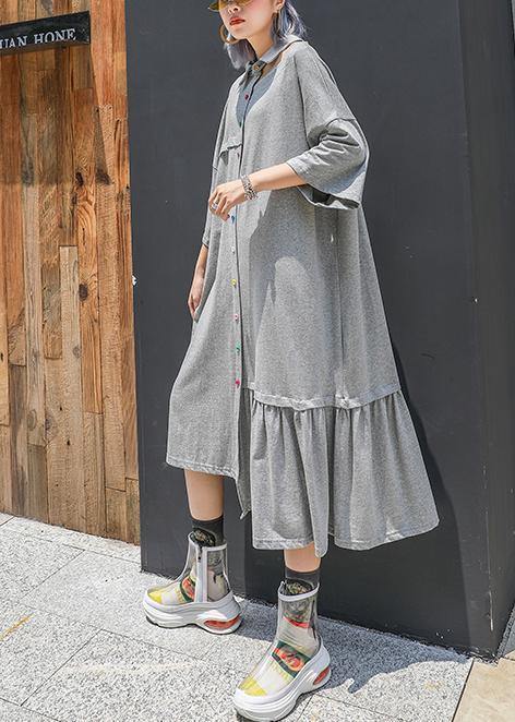 Style gray cotton clothes lapel Cinched long asymmetric summer Dresses - SooLinen