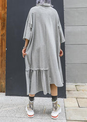 Style gray cotton clothes lapel Cinched long asymmetric summer Dresses - SooLinen