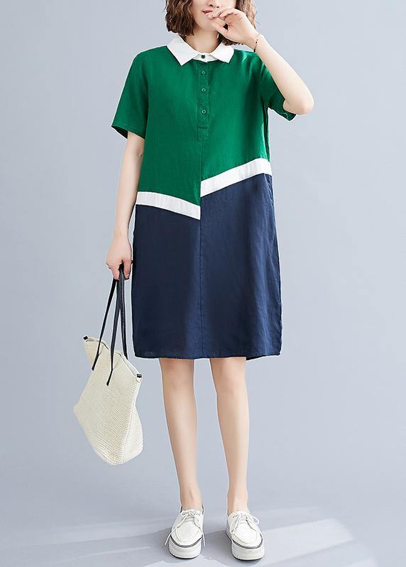 Style green cotton linen quilting clothes Peter pan Collar shift summer Dresses - SooLinen