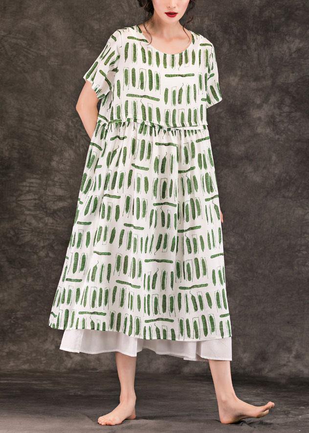 Style green striped linen dresses o neck pockets long summer Dress - SooLinen