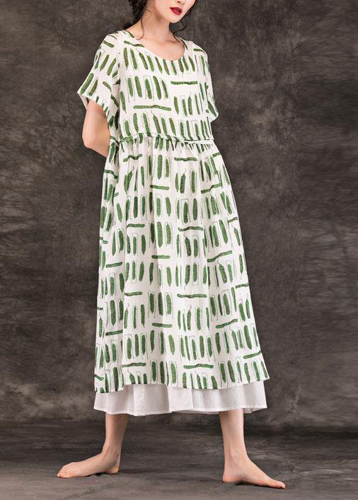 Style green striped linen dresses o neck pockets long summer Dress - SooLinen