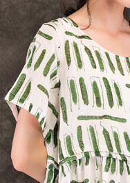 Style green striped linen dresses o neck pockets long summer Dress - SooLinen