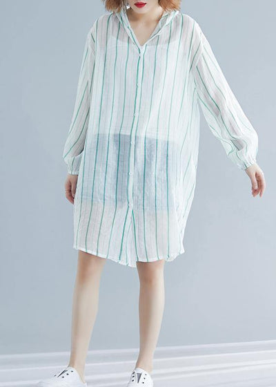 Style hooded chiffon Tunic Work green striped shirts summer - SooLinen