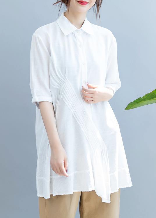 Style lapel half sleeve shirts women Outfits white blouse - SooLinen