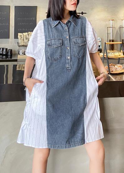 Style lapel quilting dresses Runway white striped patchwork denim Dresses - SooLinen