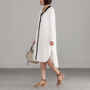 Style linen cotton quilting clothes Pakistani White Long Sleeve Loose Irregular Dress