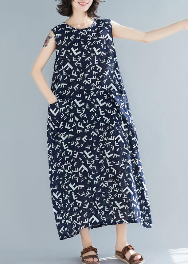 Style navy print cotton dresses o neck sleeveless A Line summer Dress - SooLinen