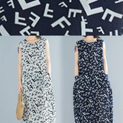 Style navy print cotton dresses o neck sleeveless A Line summer Dress - SooLinen