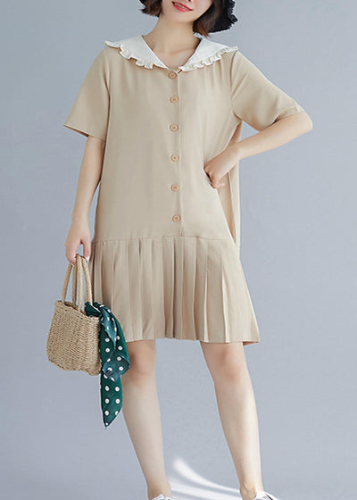 Style nude ruffles hem cotton Long Shirts Sailor Collar A Line summer Dresses - SooLinen