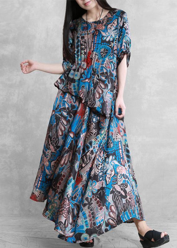 Style o neck asymmetric summer dresses Sleeve blue print robes Dresses - SooLinen