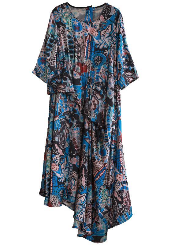 Style o neck asymmetric summer dresses Sleeve blue print robes Dresses - SooLinen