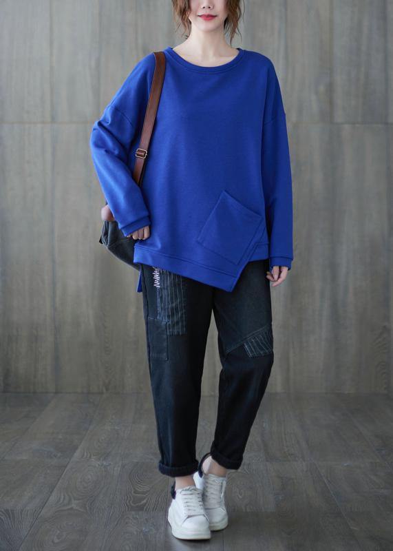 Style o neck asymmetric top Tunic Tops blue shirt - SooLinen