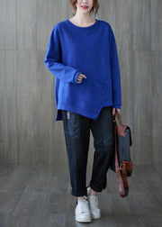 Style o neck asymmetric top Tunic Tops blue shirt - SooLinen