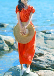 Style o neck drawstring cotton quilting clothes Work Outfits orange red long Dresses summer - SooLinen