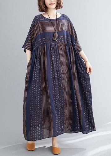 Style o neck exra large hem cotton summer pattern Work blue striped loose Dress - SooLinen