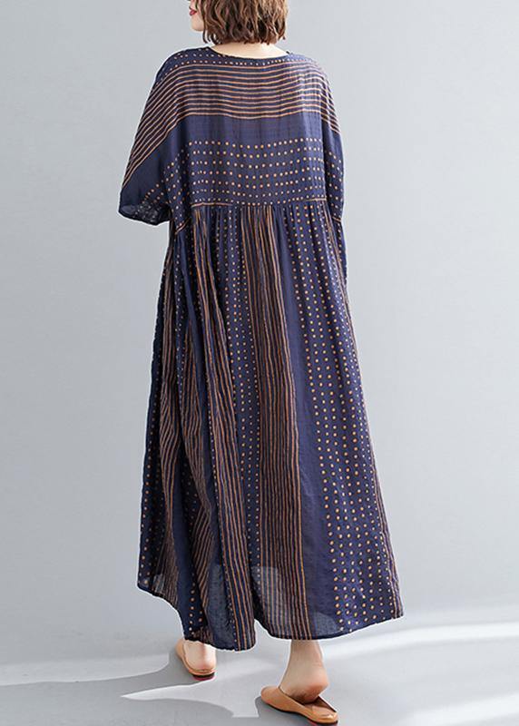 Style o neck exra large hem cotton summer pattern Work blue striped loose Dress - SooLinen