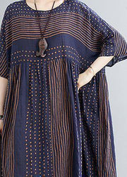 Style o neck exra large hem cotton summer pattern Work blue striped loose Dress - SooLinen