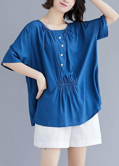 Style o neck half sleeve cotton box top Wardrobes blue blouse summer - SooLinen