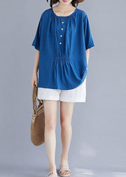 Style o neck half sleeve cotton box top Wardrobes blue blouse summer - SooLinen