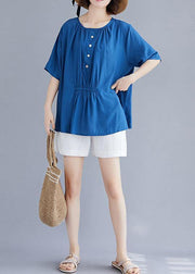 Style o neck half sleeve cotton box top Wardrobes blue blouse summer - SooLinen