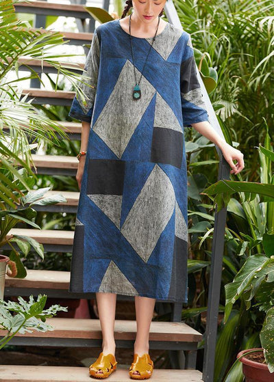 Style o neck patchwork Robes Work blue gray print Dress summer - SooLinen