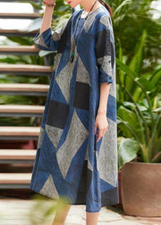 Style o neck patchwork Robes Work blue gray print Dress summer - SooLinen