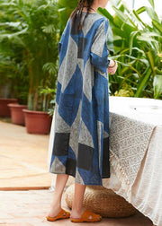 Style o neck patchwork Robes Work blue gray print Dress summer - SooLinen