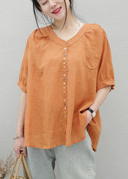 Style orange linen top o neck short sleeve Midi shirts - SooLinen