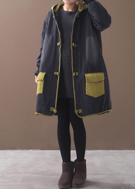 Style patchwork Fine Long coats design Chinese Button yellow hooded coats - SooLinen