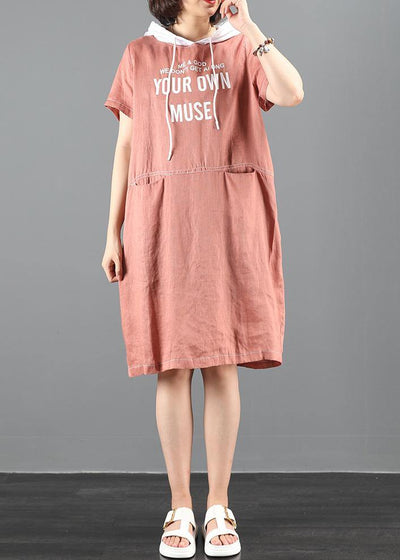 Style pink Letter tunic dresshooded patchwork Dresses - SooLinen