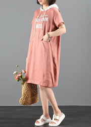 Style pink Letter tunic dresshooded patchwork Dresses - SooLinen