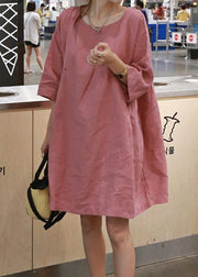 Style pink cotton linen outfit o neck Cinched A Line summer Dresses - SooLinen