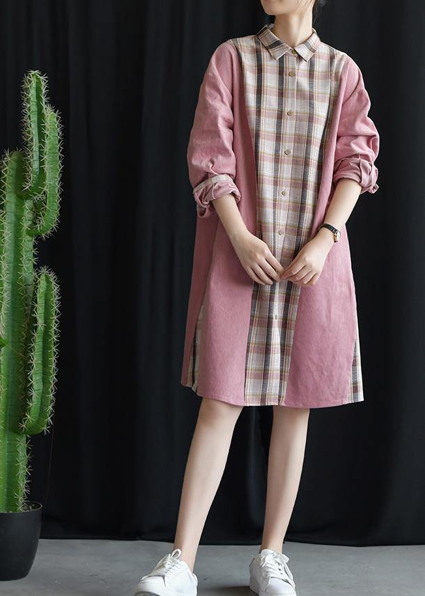 Style pink patchwork Plaid Cotton clothes lapel tie waist Plus Size fall Dresses - SooLinen