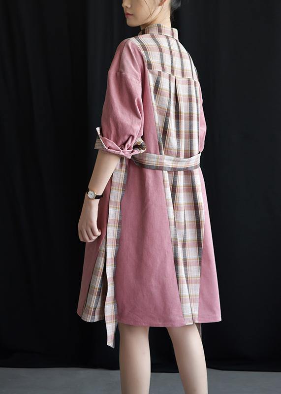 Style pink patchwork Plaid Cotton clothes lapel tie waist Plus Size fall Dresses - SooLinen