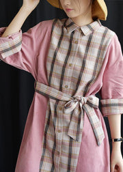 Style pink patchwork Plaid Cotton clothes lapel tie waist Plus Size fall Dresses - SooLinen