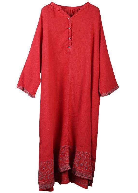 Style pockets baggy linen dresses Catwalk red embroidery Dress v neck - SooLinen