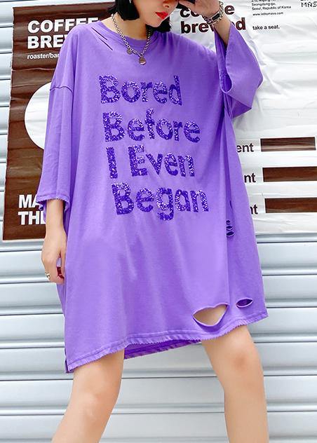 Style purple Sequined Cotton quilting dresses o neck Hole loose summer Dress - SooLinen