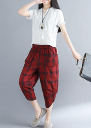 Style red Plaid cotton Wardrobes Sweets Art harem pants - SooLinen